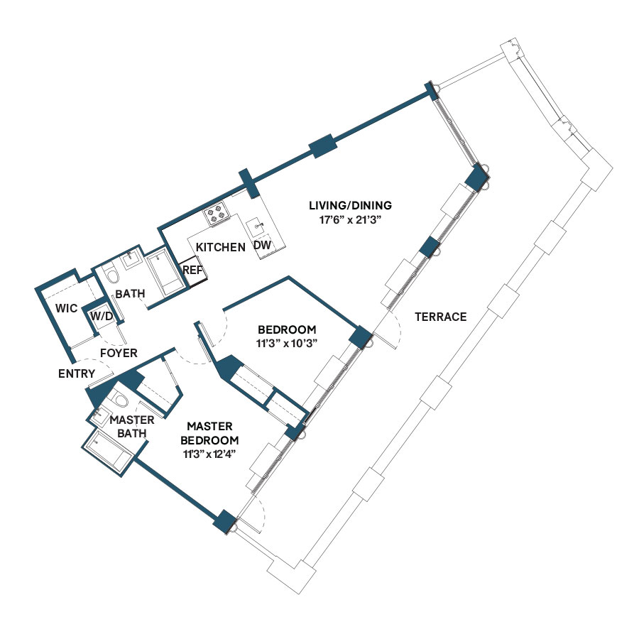 Floor plan for 2 beds, 2 baths, 1117 sqft